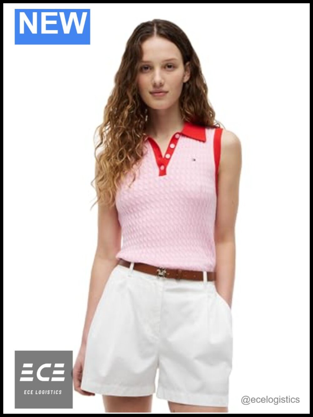 Tommy Hilfiger Sleeveless Cotton Cable Knit Polo Shirt Button Down